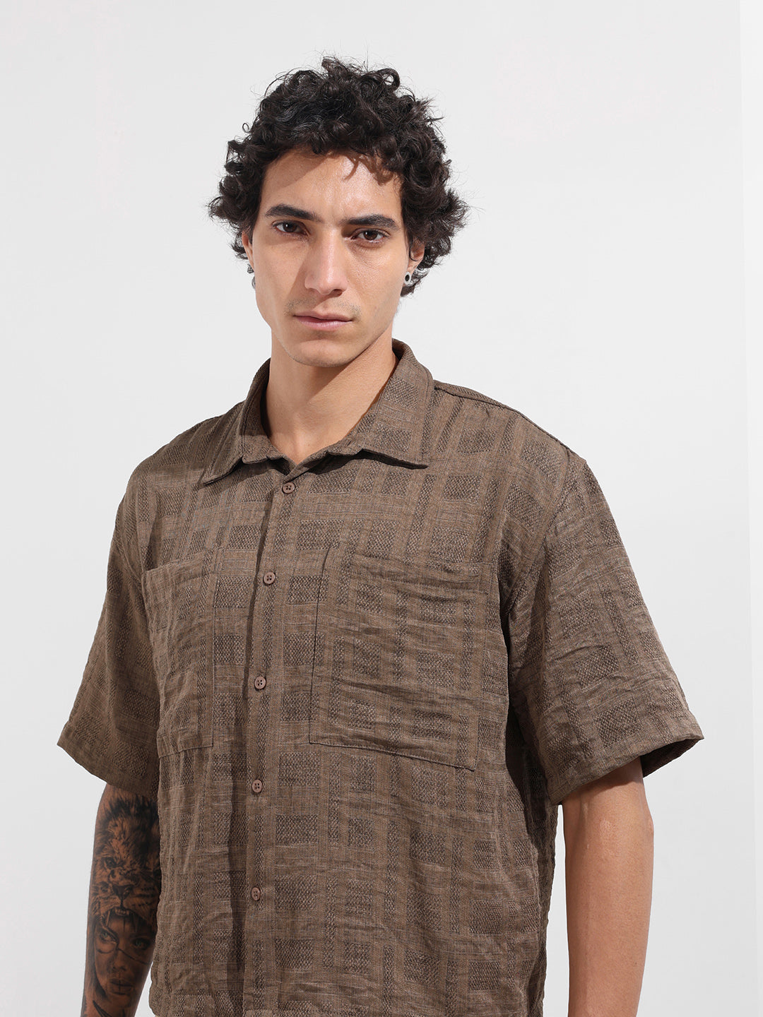Men's Green Boxy Fit Textured Resort Wear Shirt