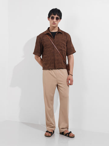 Men's Brown Boxy Fit Textured Resort Wear Shirt