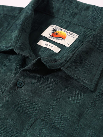 Men's Green Boxy Fit Textured Resort Wear Shirt