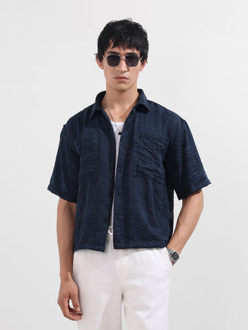 Men's Blue Boxy Fit Textured Resort Wear Shirt