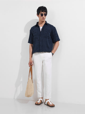 Men's Blue Boxy Fit Textured Resort Wear Shirt