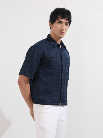 Men's Blue Boxy Fit Textured Resort Wear Shirt