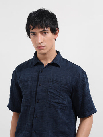 Men's Blue Boxy Fit Textured Resort Wear Shirt