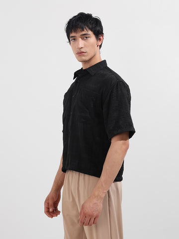 Men's Black Boxy Fit Textured Resort Wear Shirt