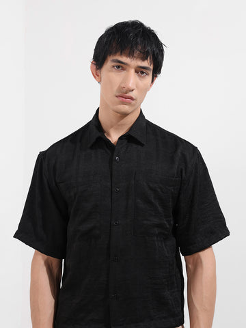 Men's Black Boxy Fit Textured Resort Wear Shirt