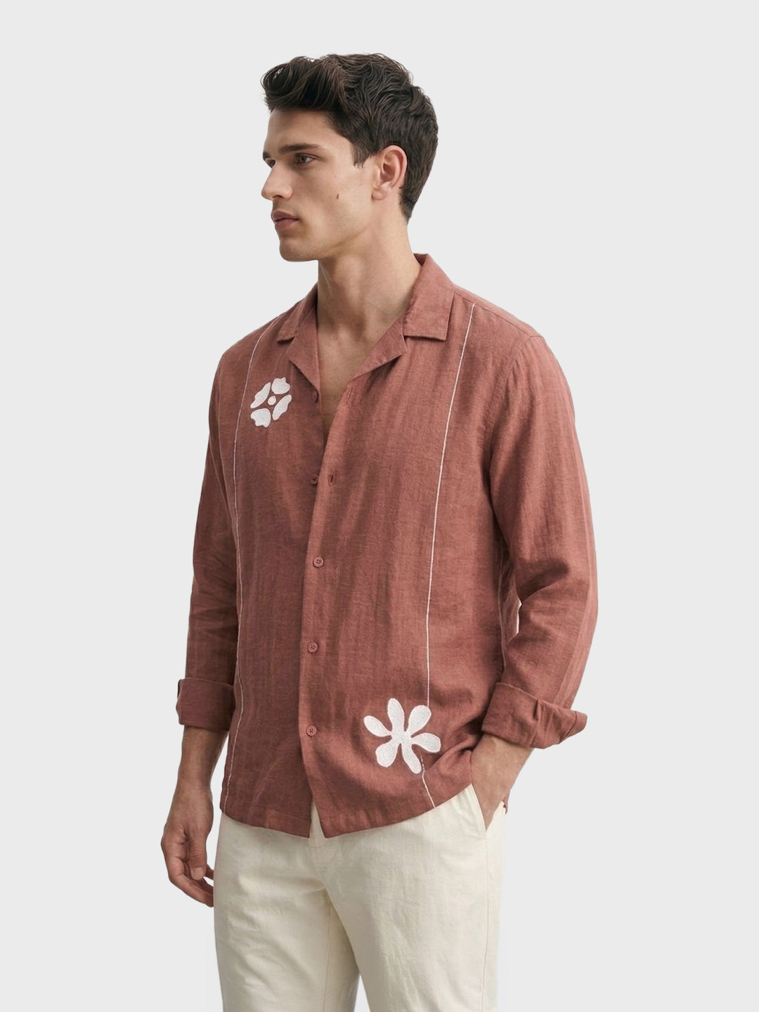 Men's Rust Relaxed Fit Embroidered Casual Shirt
