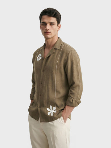 Men's Olive Relaxed Fit Embroidered Casual Shirt