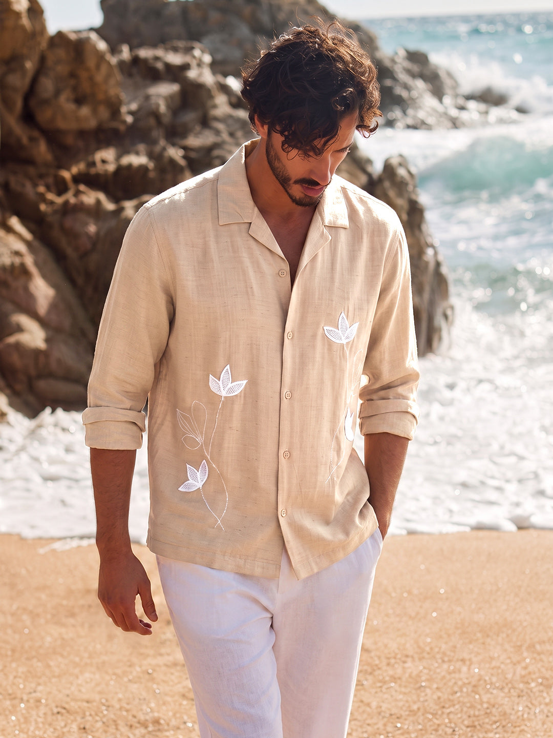 Men's Pink Relaxed Fit Embroidered Casual Shirt