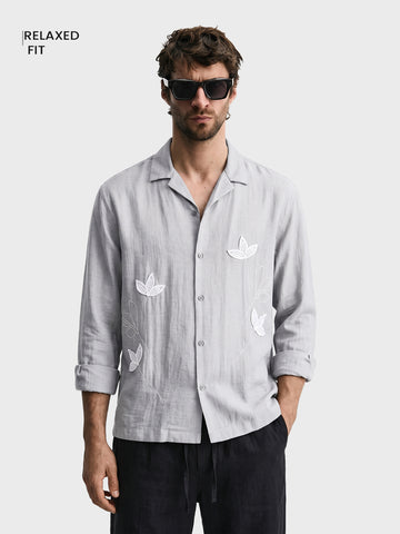 Men's Grey Relaxed Fit Embroidered Casual Shirt