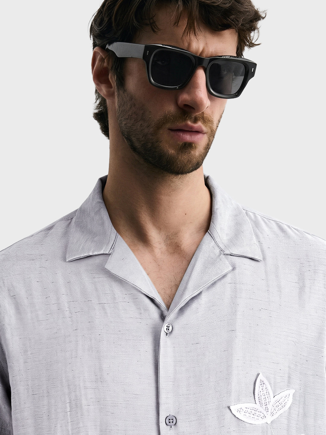 Men's Grey Relaxed Fit Embroidered Casual Shirt