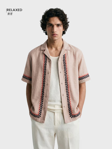 Men's Beige Relaxed Fit Embroidered Casual Shirt