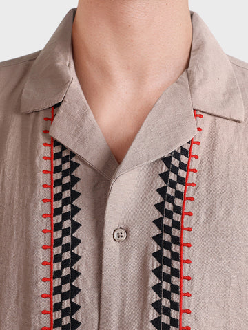 Men's Beige Relaxed Fit Embroidered Casual Shirt