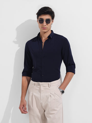 Men's Blue Slim Fit Solid Party Wear Shirt