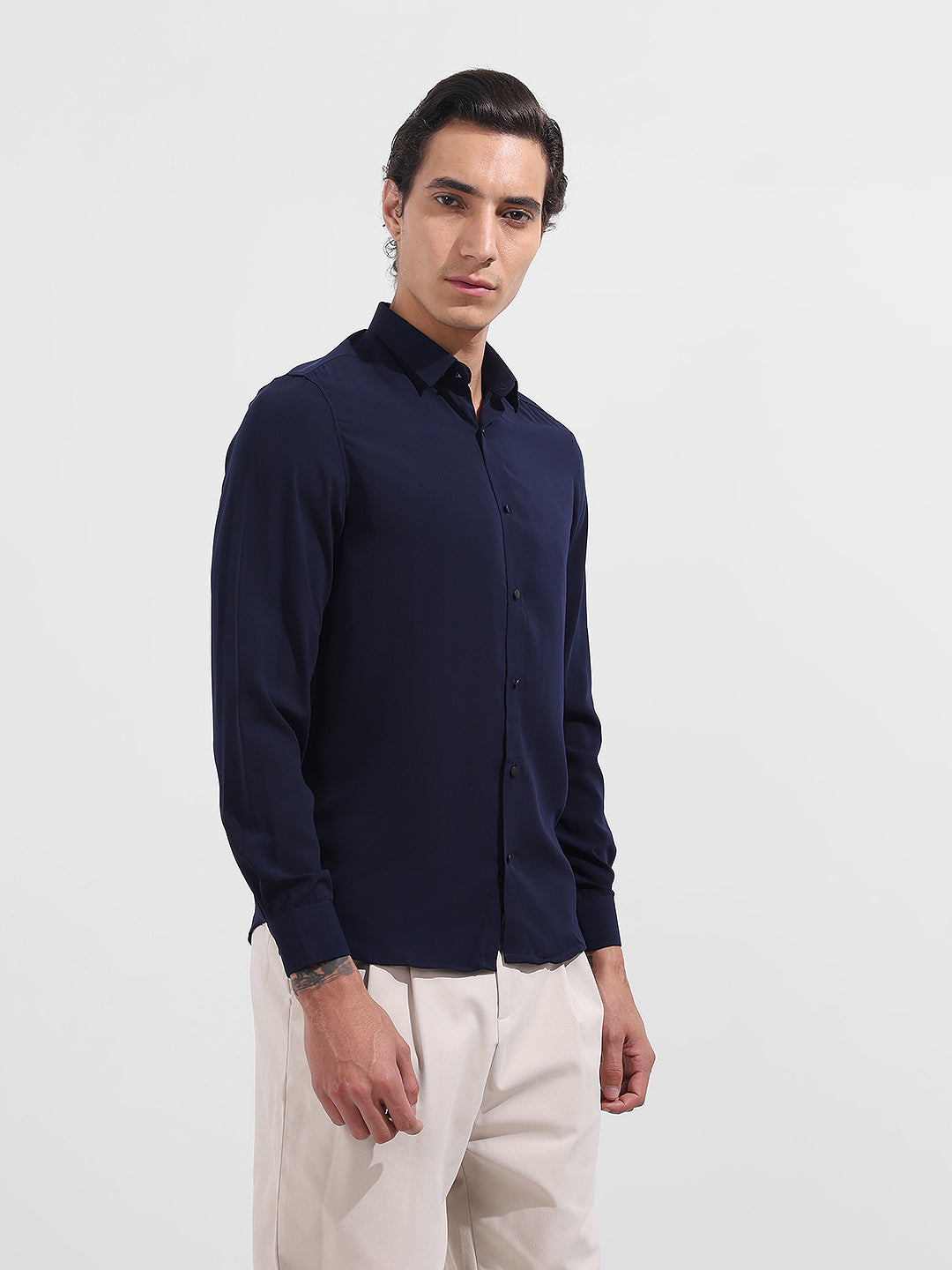 Men's Blue Slim Fit Solid Party Wear Shirt