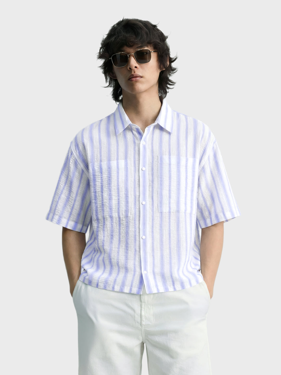 Men's Blue Boxy Fit Striped Resort Shirt
