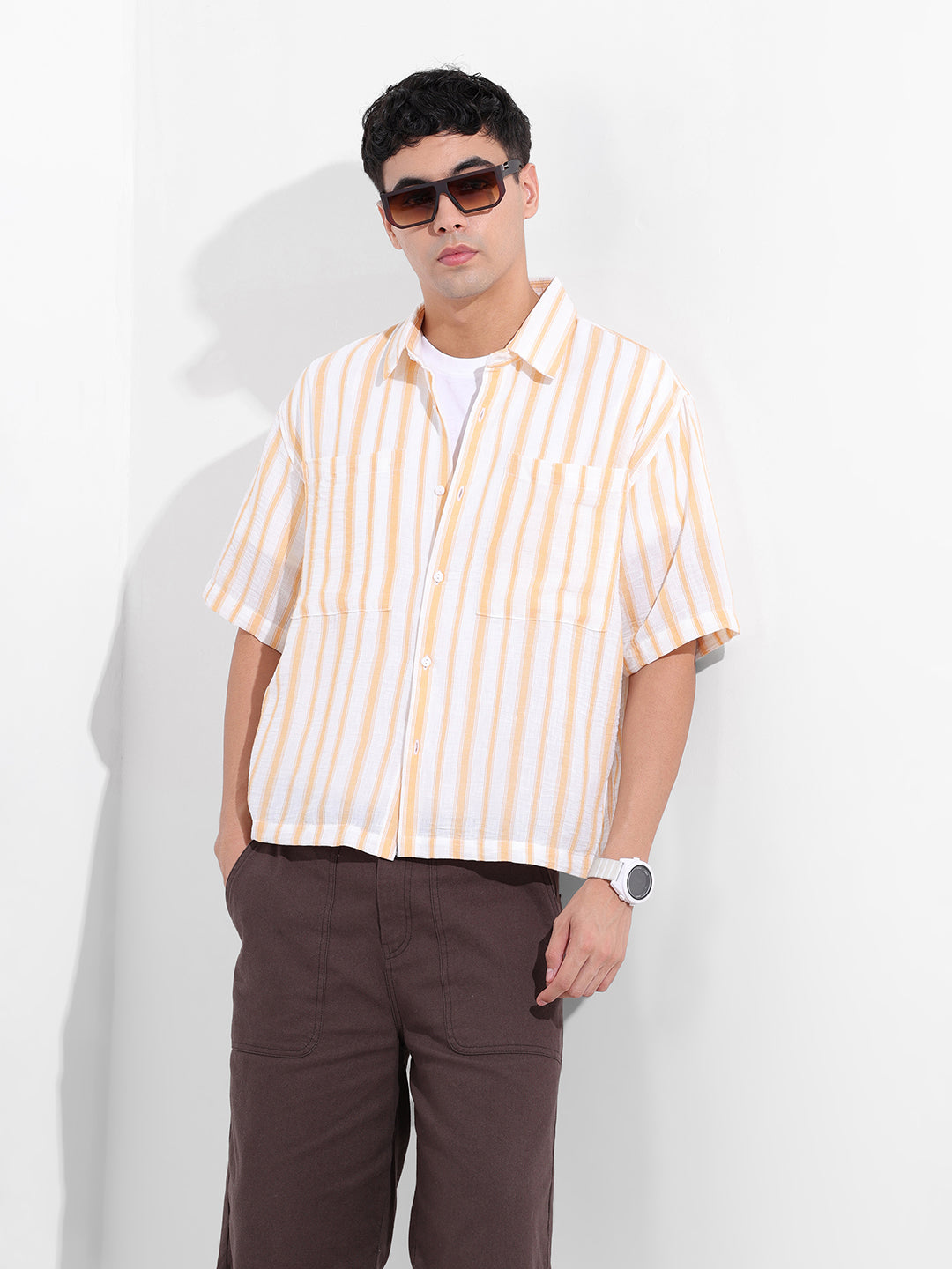 Men's Warm Apricot Boxy Fit Striped Resort Shirt
