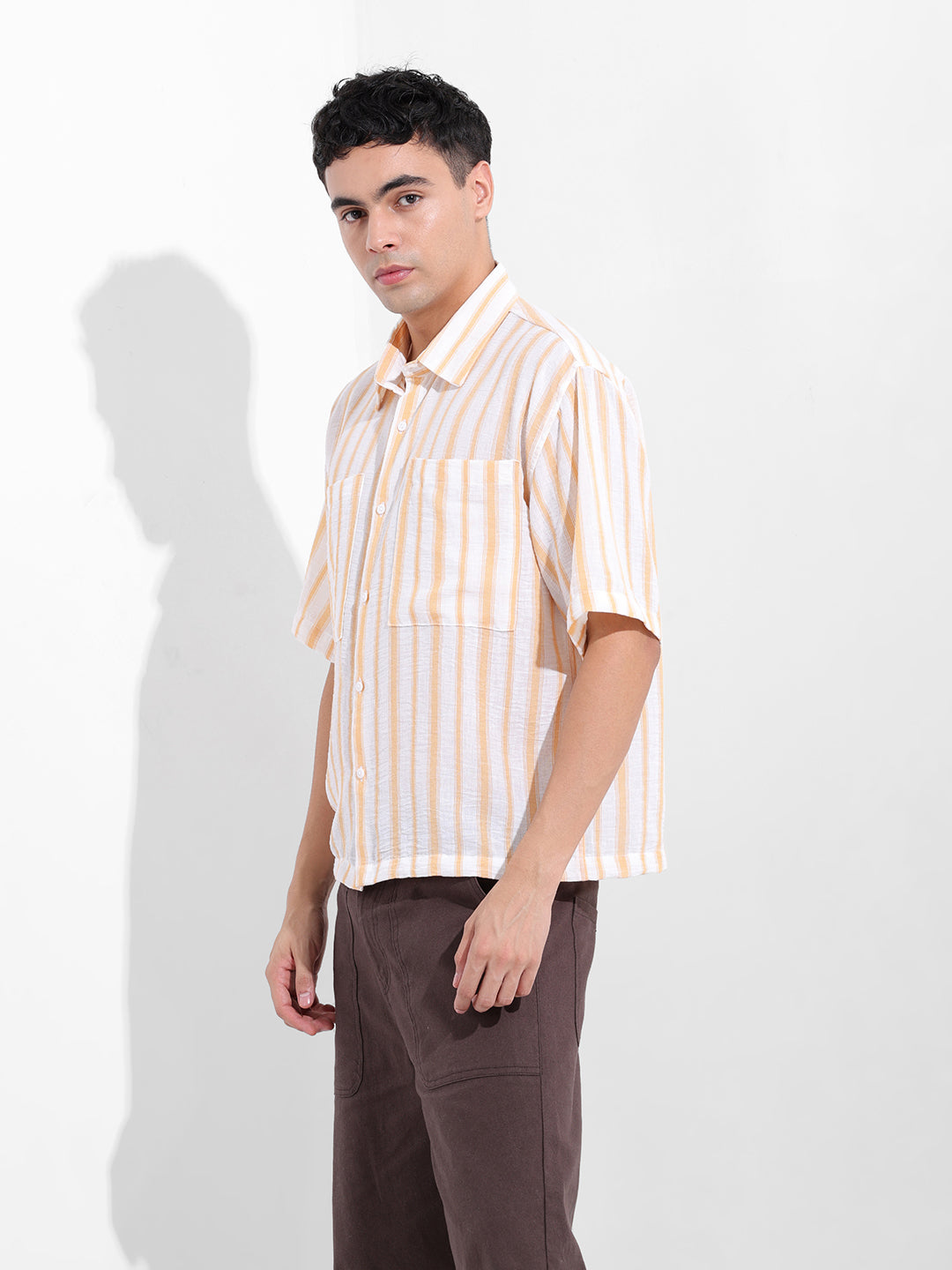 Men's Warm Apricot Boxy Fit Striped Resort Shirt