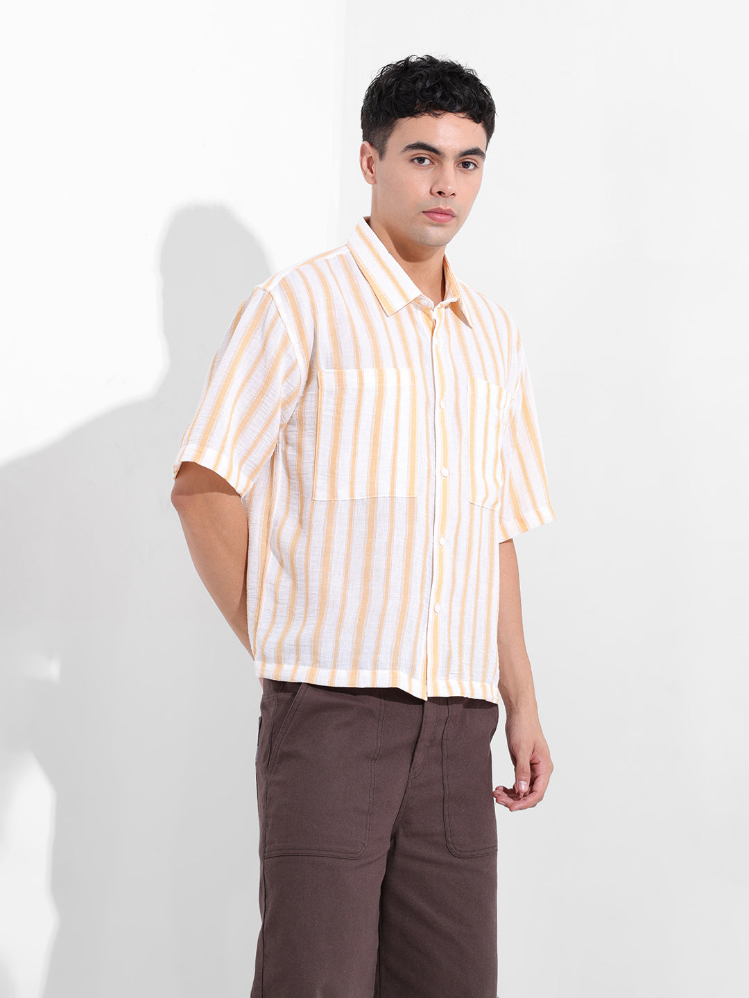 Men's Warm Apricot Boxy Fit Striped Resort Shirt
