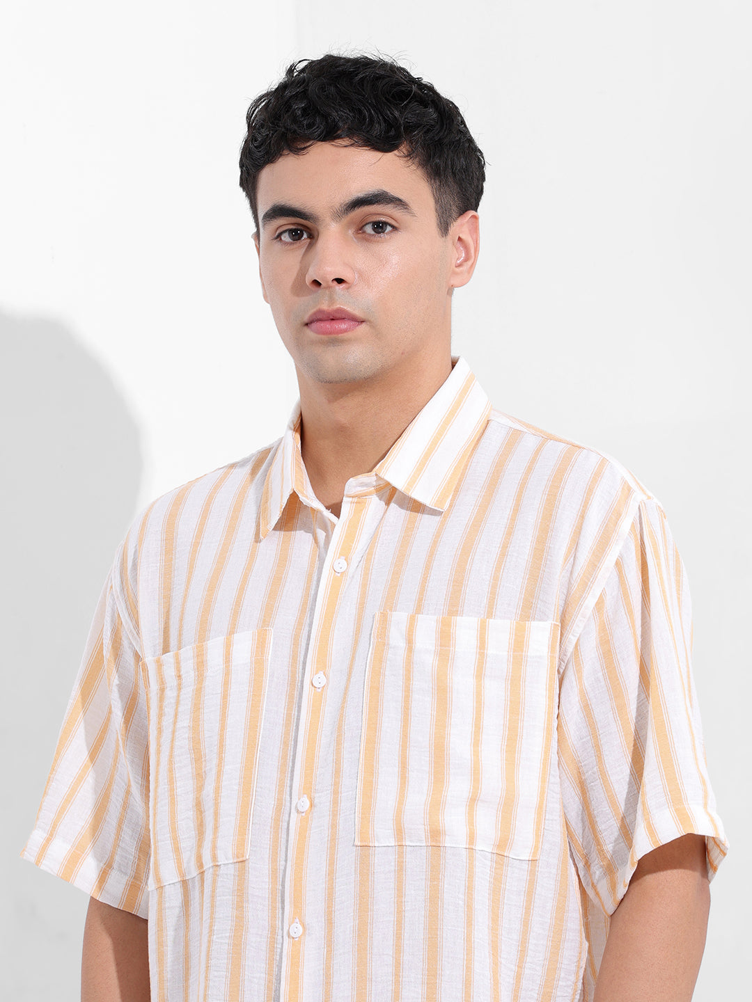 Men's Warm Apricot Boxy Fit Striped Resort Shirt