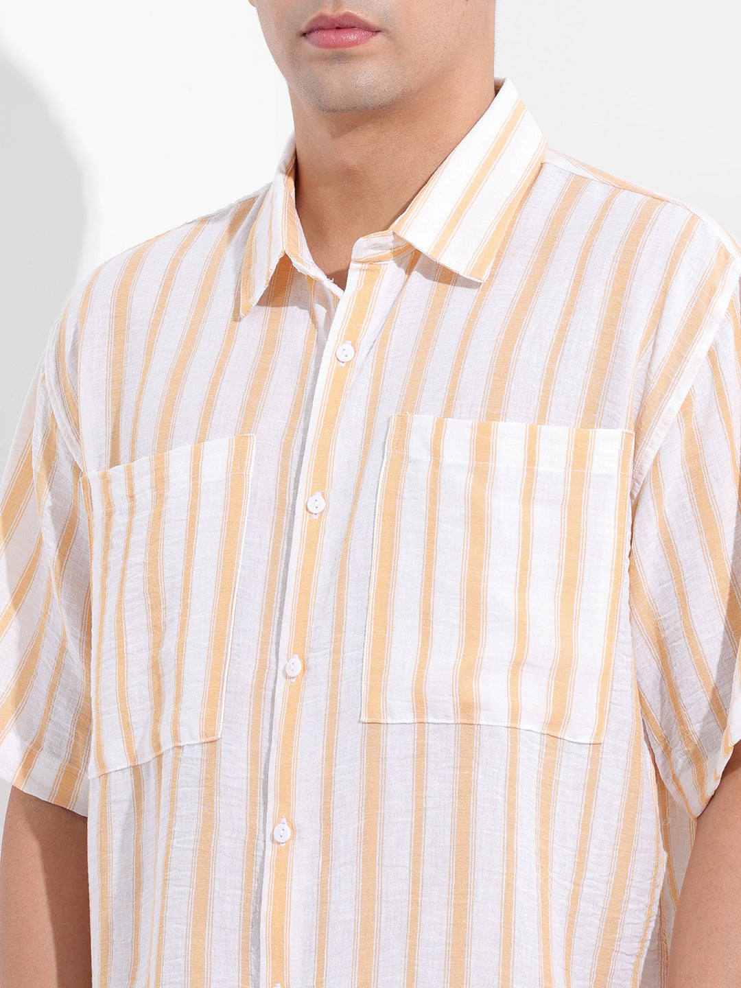 Men's Warm Apricot Boxy Fit Striped Resort Shirt