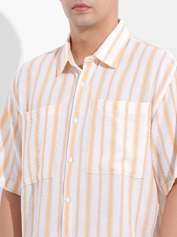 Men's Warm Apricot Boxy Fit Striped Resort Shirt