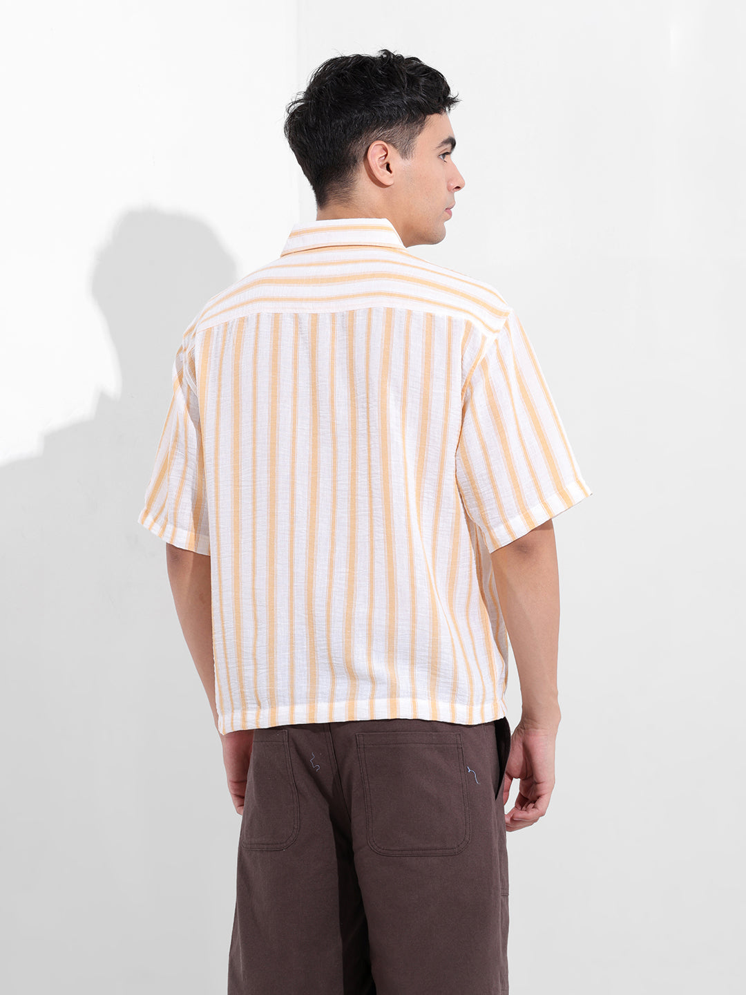 Men's Warm Apricot Boxy Fit Striped Resort Shirt