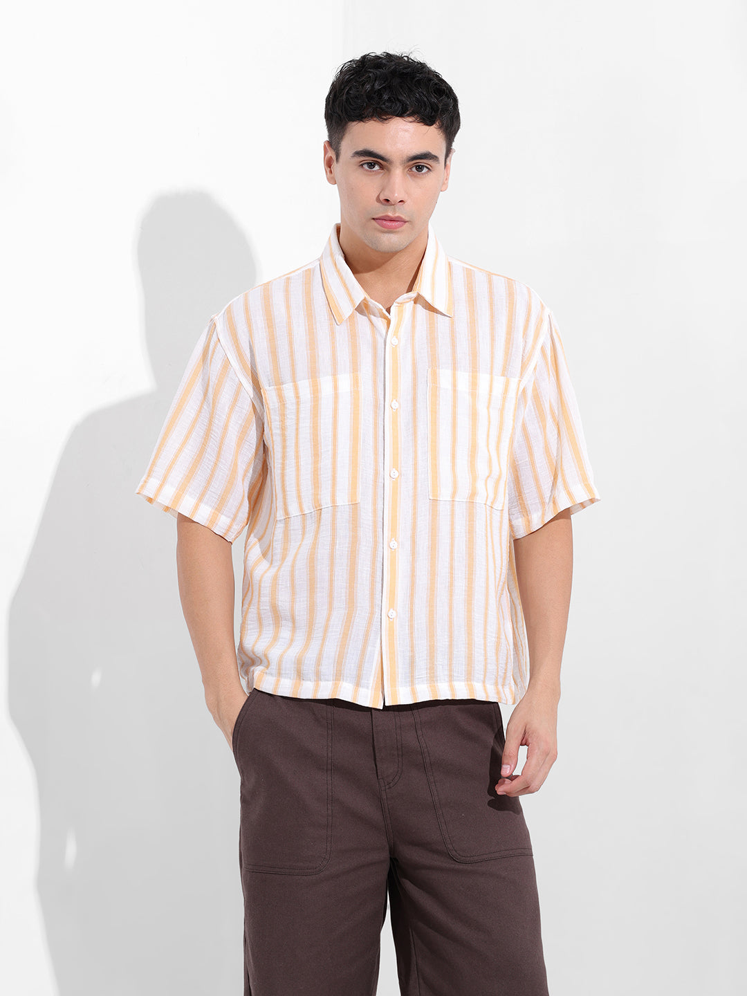 Men's Warm Apricot Boxy Fit Striped Resort Shirt