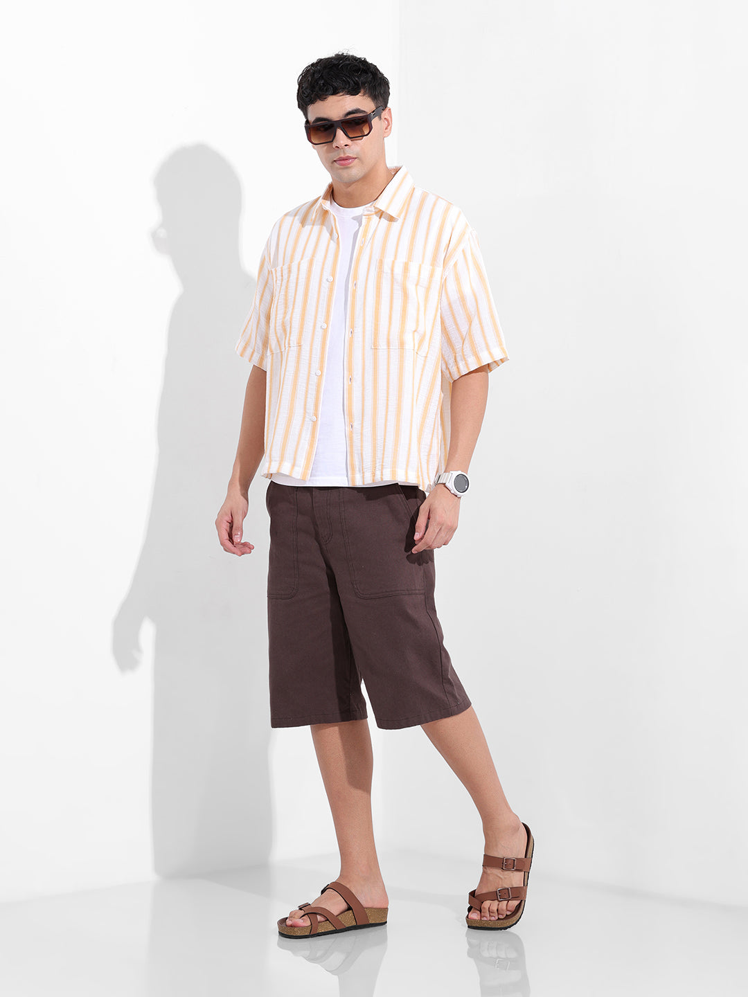 Men's Warm Apricot Boxy Fit Striped Resort Shirt