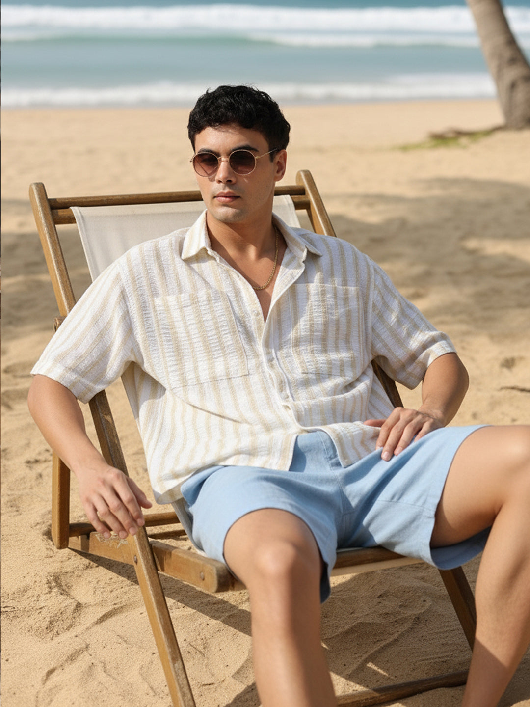 Men's Warm Apricot Boxy Fit Striped Resort Shirt