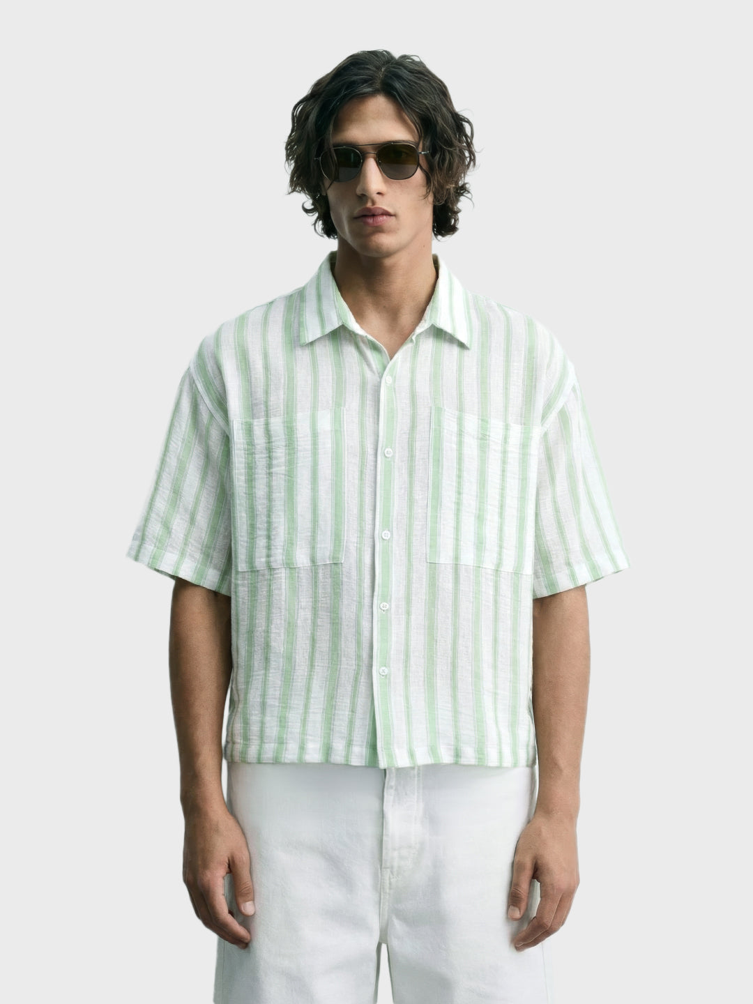 Men's Opaline Green Boxy Fit Striped Resort Shirt