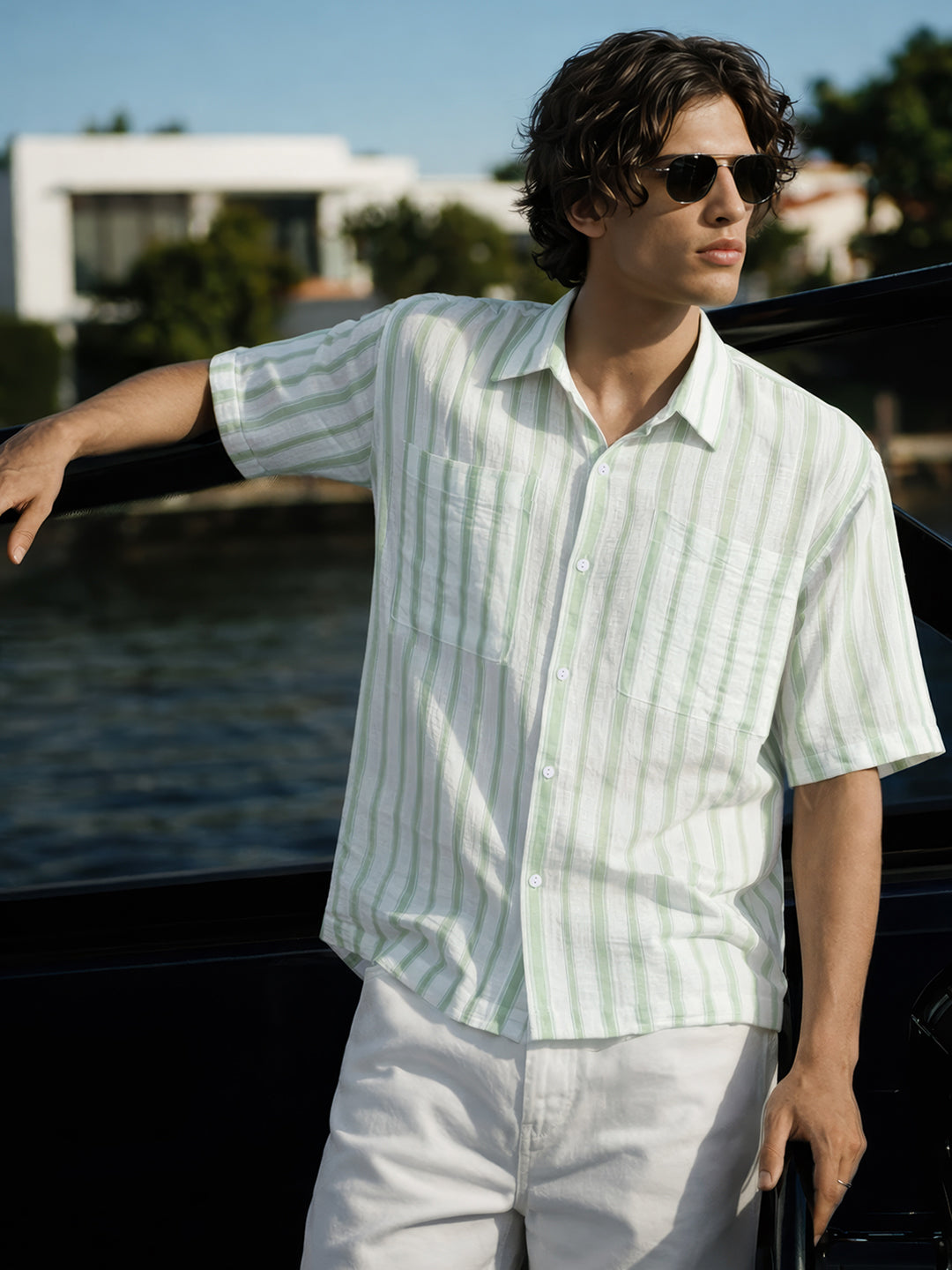 Men's Opaline Green Boxy Fit Striped Resort Shirt