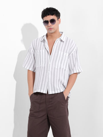 Men's Grey Boxy Fit Striped Resort Shirt
