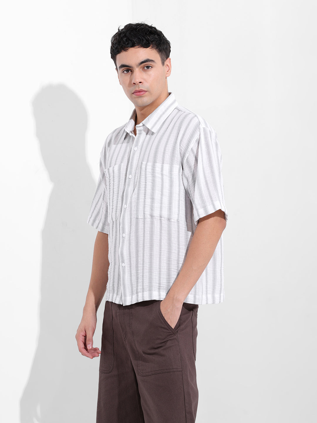 Men's Grey Boxy Fit Striped Resort Shirt