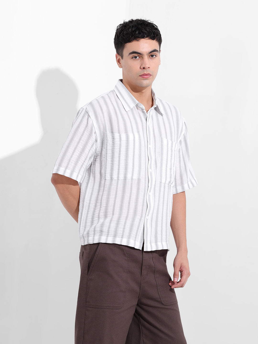 Men's Grey Boxy Fit Striped Resort Shirt
