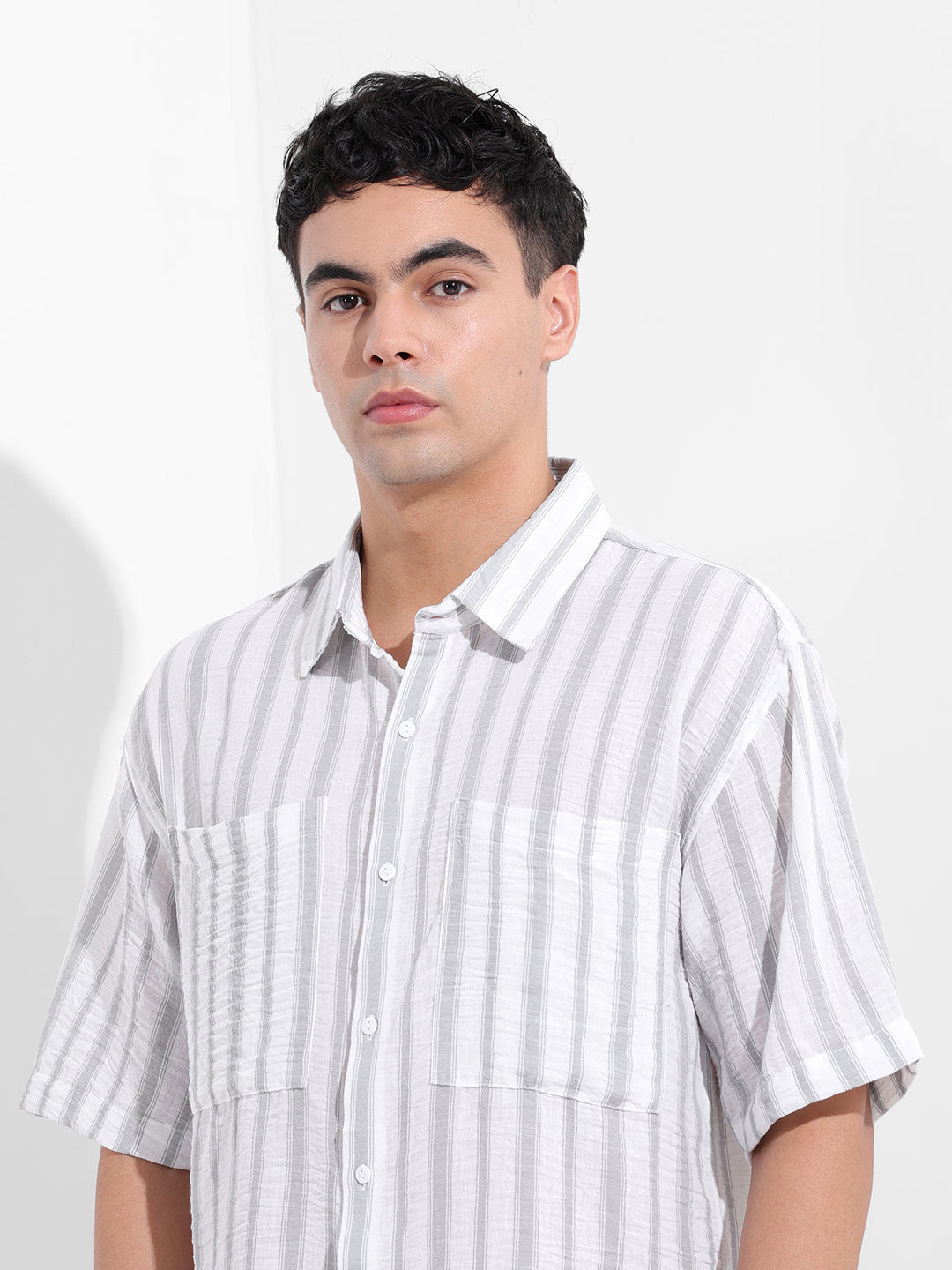 Men's Grey Boxy Fit Striped Resort Shirt