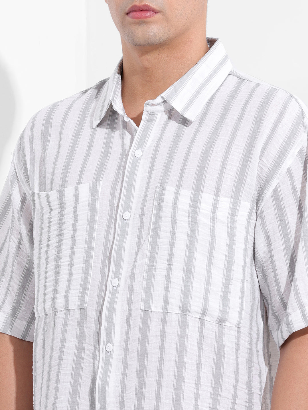 Men's Grey Boxy Fit Striped Resort Shirt