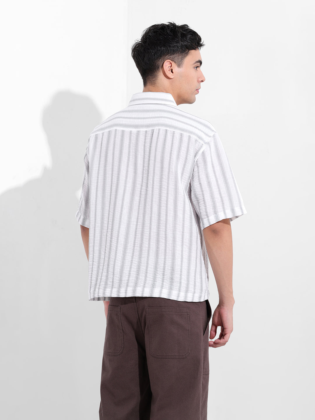 Men's Grey Boxy Fit Striped Resort Shirt