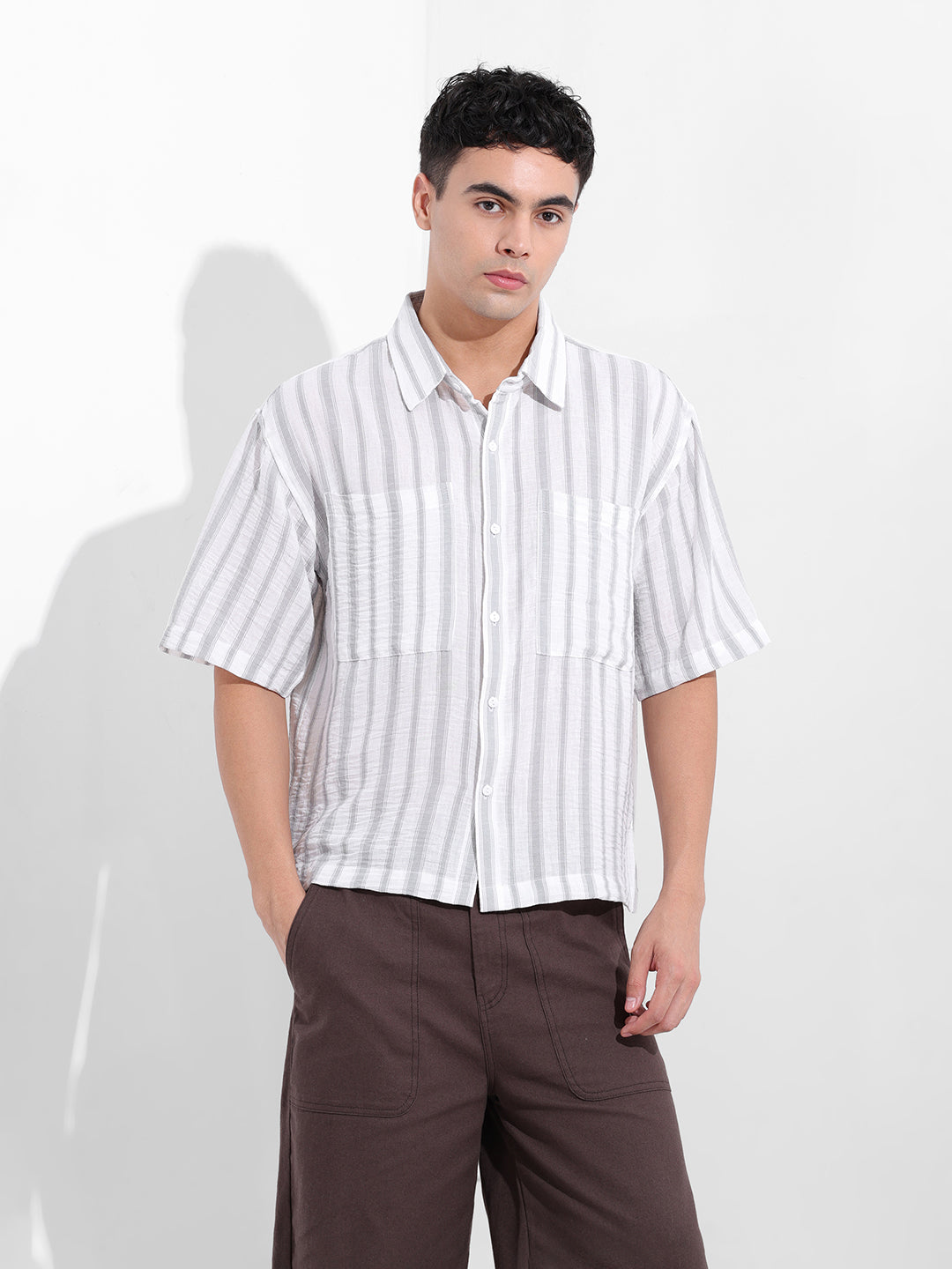 Men's Grey Boxy Fit Striped Resort Shirt