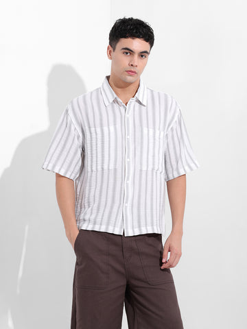 Men's Grey Boxy Fit Striped Resort Shirt