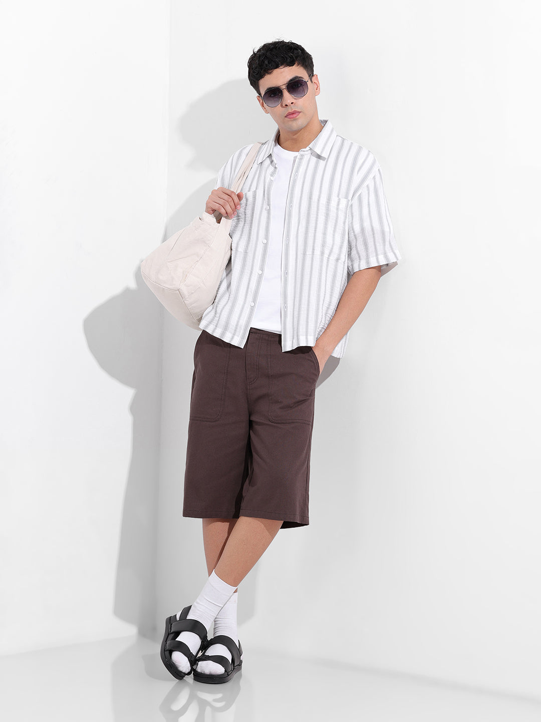 Men's Grey Boxy Fit Striped Resort Shirt