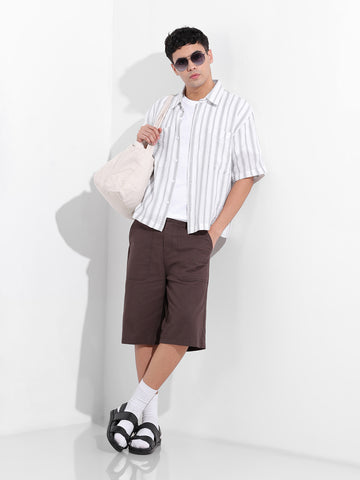 Men's Grey Boxy Fit Striped Resort Shirt