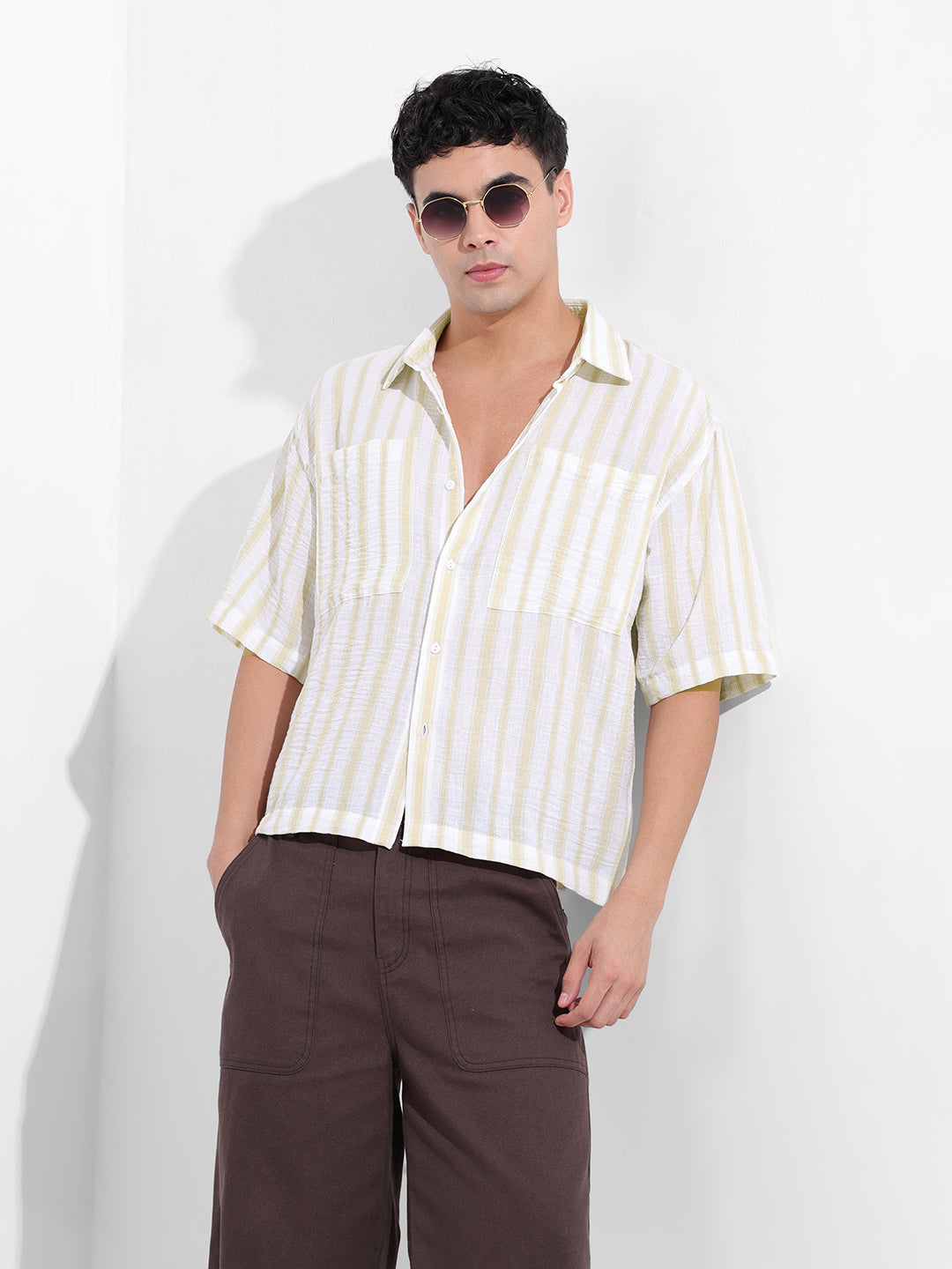 Men's Lemon Green Boxy Fit Striped Resort Shirt