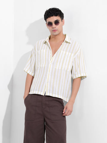 Men's Lemon Green Boxy Fit Striped Resort Shirt