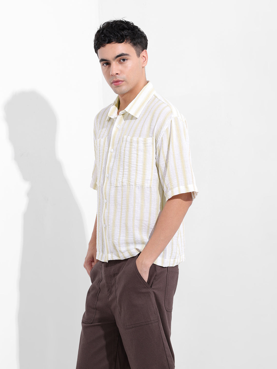 Men's Lemon Green Boxy Fit Striped Resort Shirt