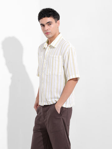 Men's Lemon Green Boxy Fit Striped Resort Shirt