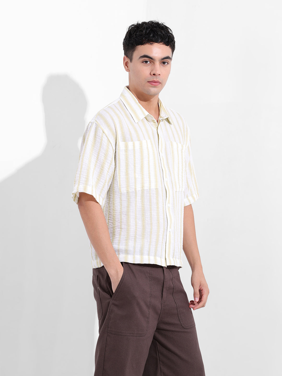 Men's Lemon Green Boxy Fit Striped Resort Shirt