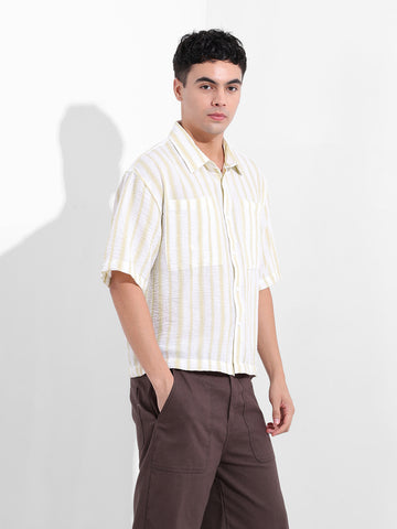 Men's Lemon Green Boxy Fit Striped Resort Shirt
