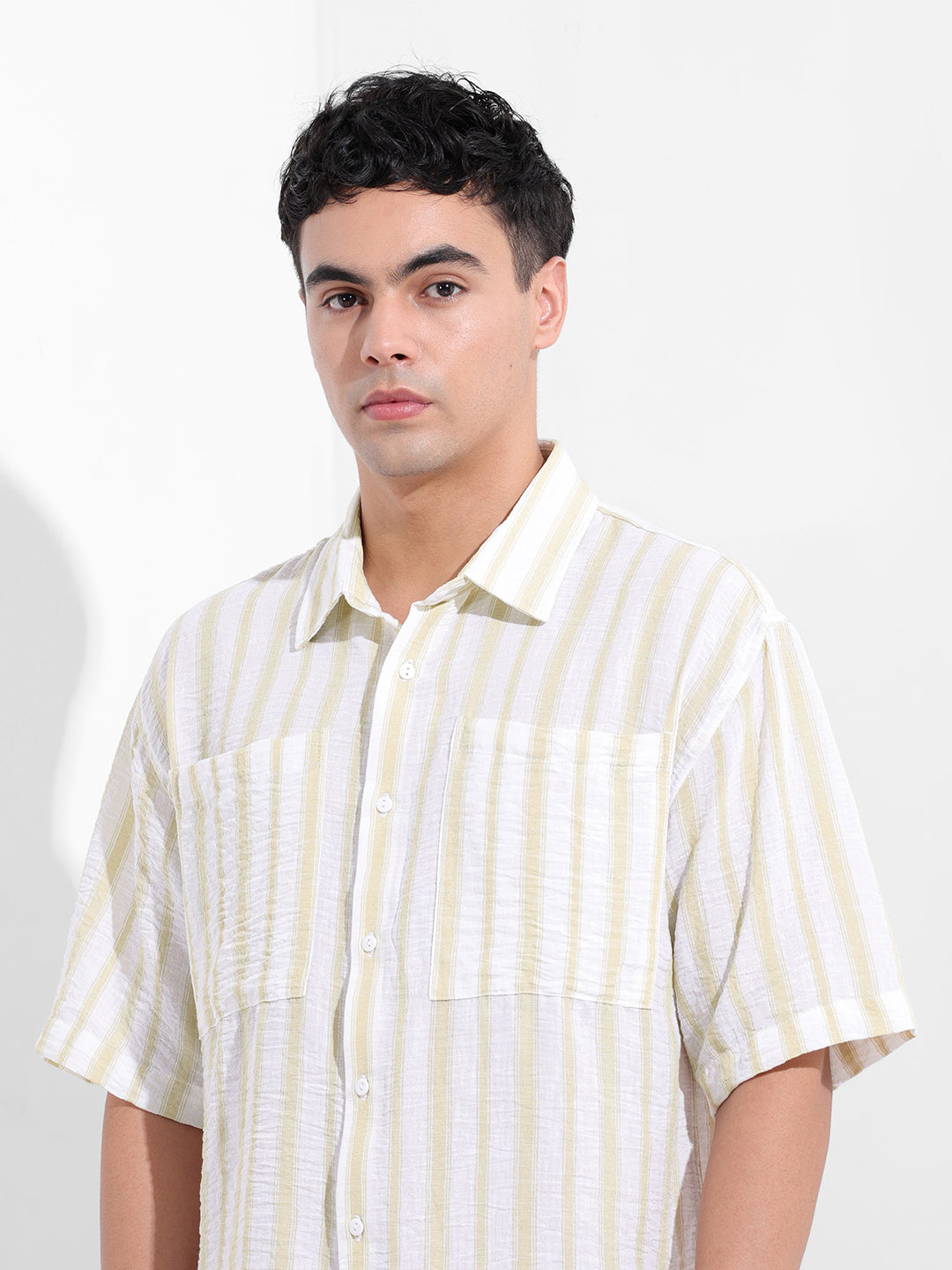 Men's Lemon Green Boxy Fit Striped Resort Shirt
