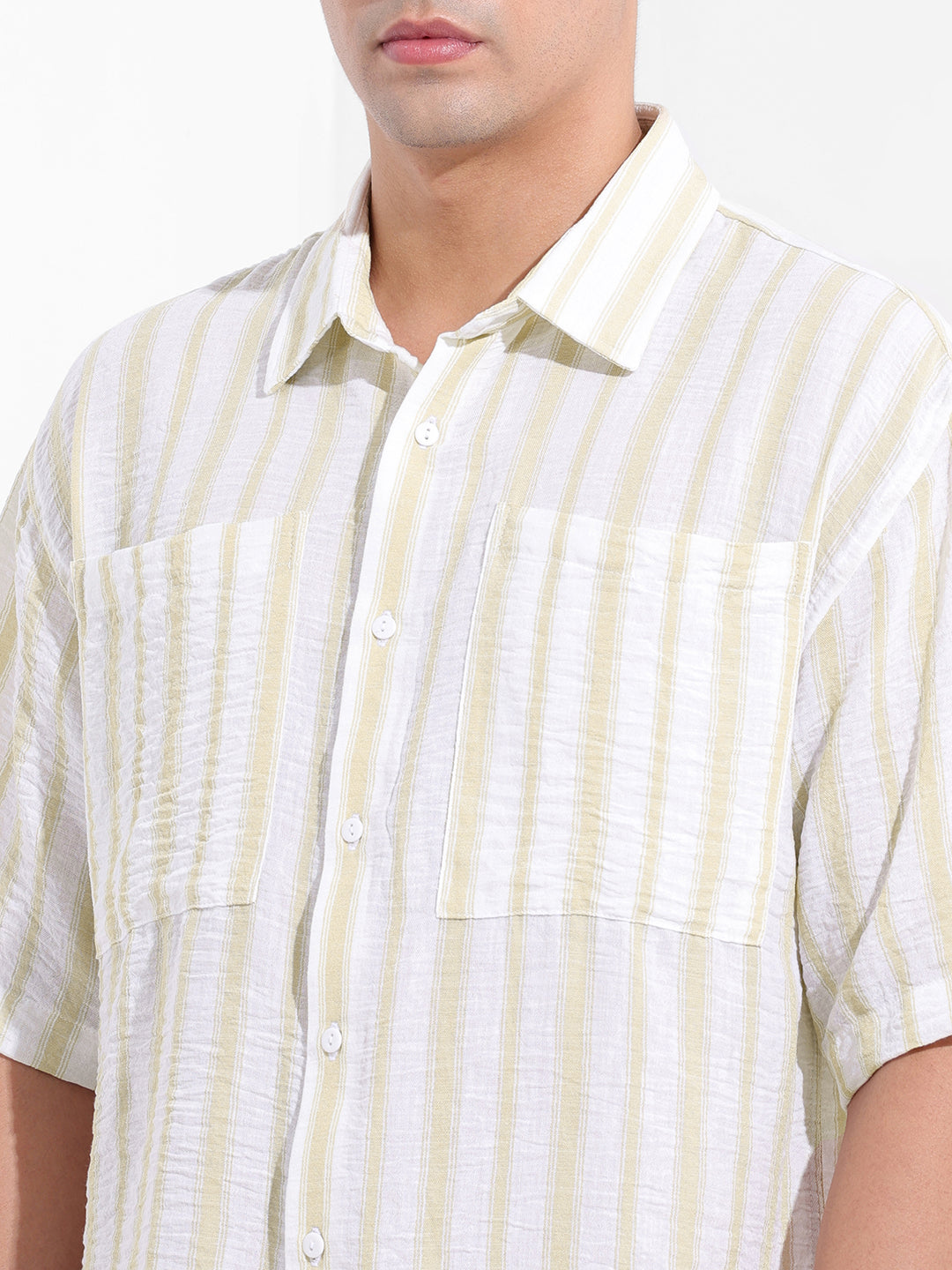 Men's Lemon Green Boxy Fit Striped Resort Shirt
