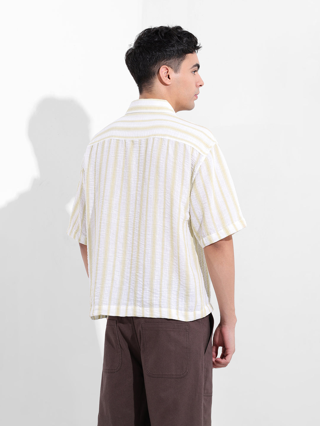 Men's Lemon Green Boxy Fit Striped Resort Shirt